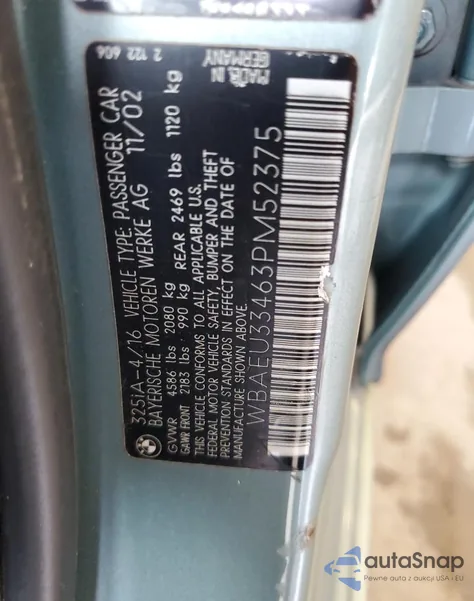 2003 BMW 325 Xi z USA, uszkodzony, nr VIN WBAEU33463PM52375